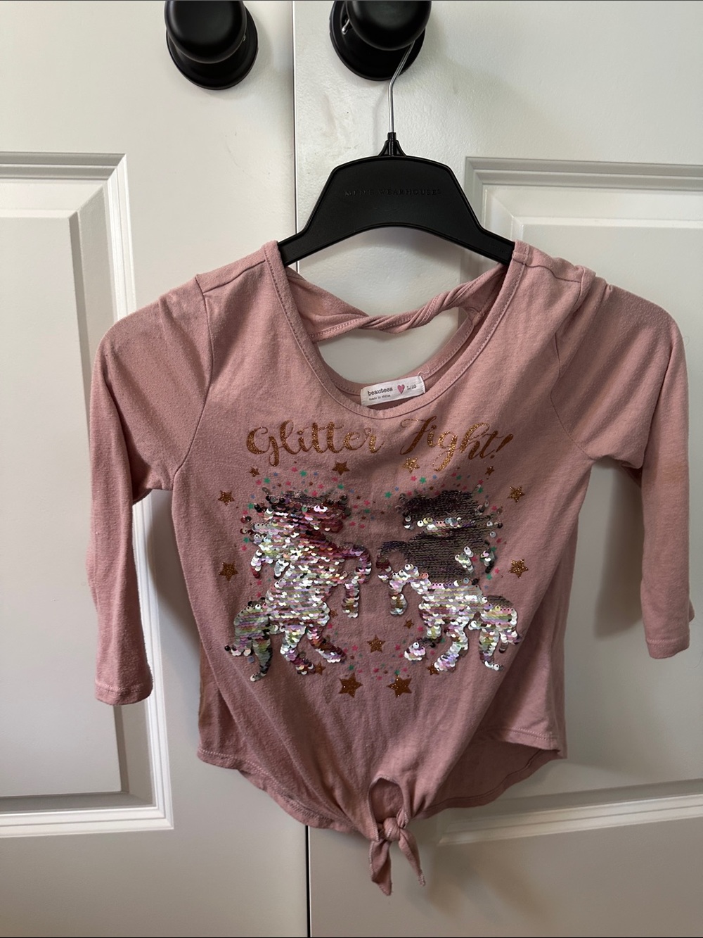 Beautees Pink Long Sleeve Sequin Unicorn Tie-Front Top